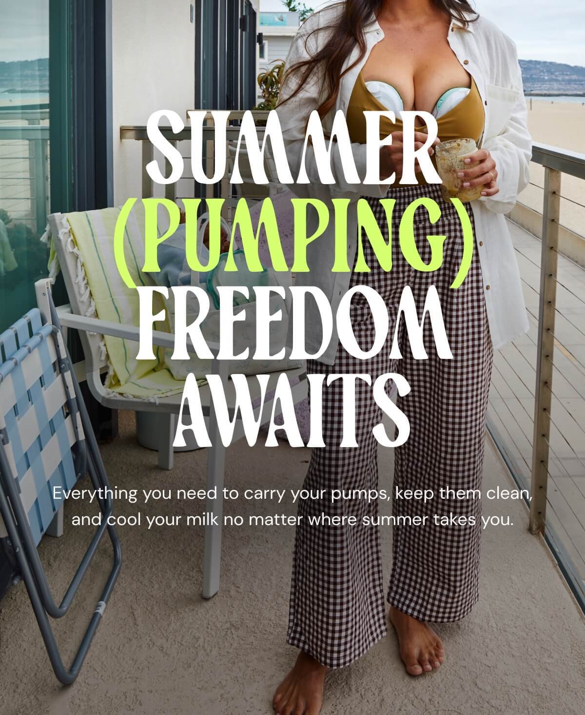 Smiling woman holding ice cream with Summer pumping freedom awaits text