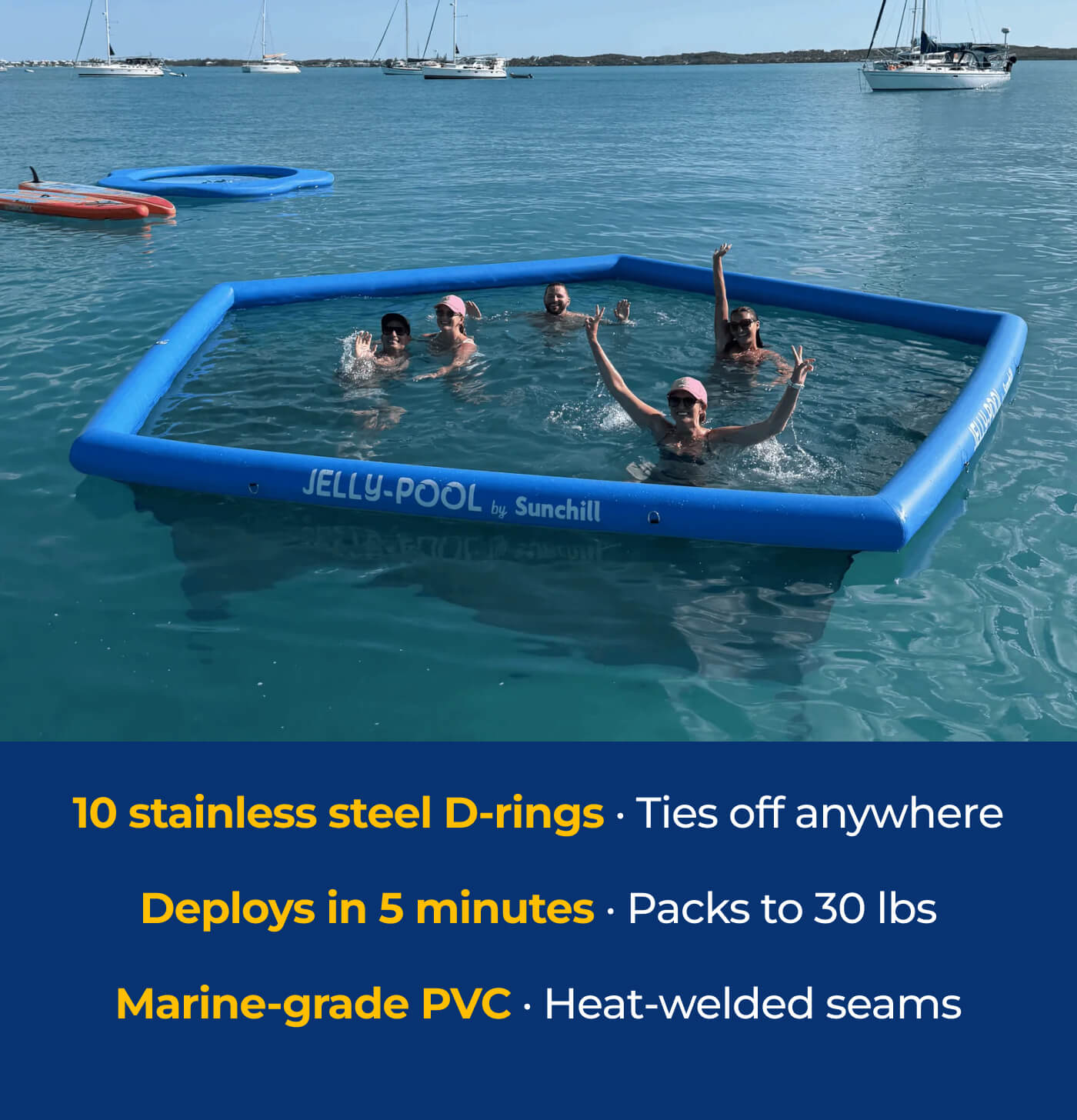 10 stainless steel D-rings · Ties off anywhere  Deploys in 5 minutes · Packs to 30 lbs  Marine-grade PVC · Heat-welded seams 