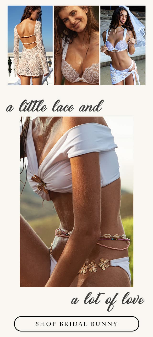 Model wearing white lace bikinis. shop bridal. 