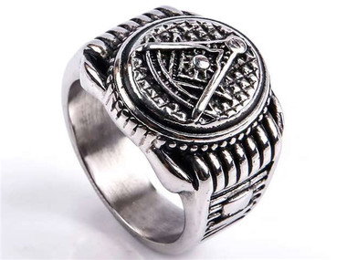 Masonic Past Master 3D Logo with Top Hat and Gavel on sides - Freemason Ring / Mason's Ring - Stainless Steel Jewelry for Freemasons - Silver Tone