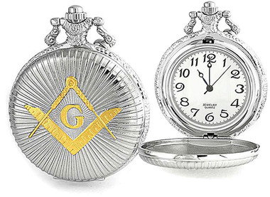 Freemason Pocket Watch - Duo-tone Steel and Gold Color Emblem / Mason Square and Compass Design - Masonic Quartz Watches. Masonic Gifts