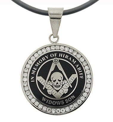 Widows Sons - Silver Color Stainless Steel Masonic Freemason Pendant Medal Charm with CZ Rim and Skull Square and Compass - In Memory Of Hiram Abiff. Includes PVC Chain Necklace