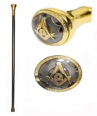 Freemason s Walking Cane (36.25") - Elegant Top Design with Gold and Black Tone Masonic Symbolism. Masonic Regalia Gifts