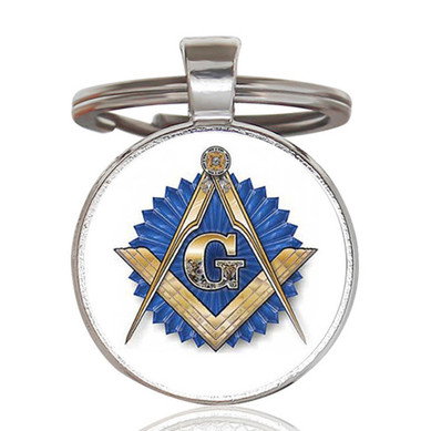 Masonic Keychain - Gold Compass with Blue Seal Freemason Blue Lodge Design w/ Glass Cabochon