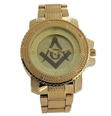 Gold Tone Masonic Watch - Steel Band - Freemason Symbol - Black and Gold Face Square and Compass Dial Watch
