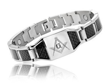 Masonic Bracelet - Stainless Steel Silver w/ Black Carbon Fiber Freemason Link Bracelet with Classic Masonic Symbol