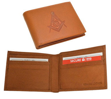 One (1) Masonic Tan Leather Wallet with Large Centered Masonic Compass and Square. Multiple pockets and ID compartments - wallet for Freemasons. (Masonic gifts)
