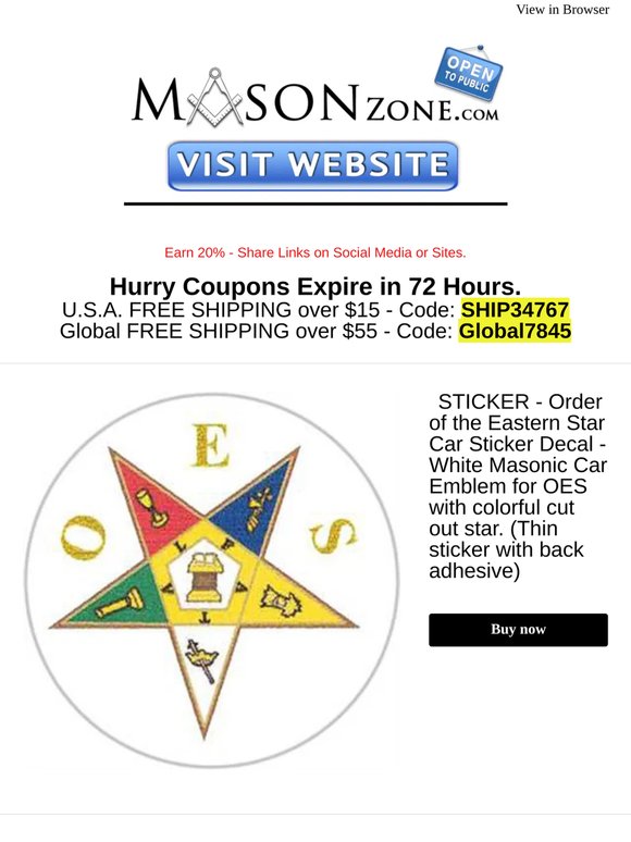 MASON ZONE - 72 Hours ONLY - FREE SHIPPING (USA over $15 / Global over $55) STICKER - Order of the Eastern Star Car Sticker Decal - White Masonic Car Emblem for OES with colorful cut out star. (Thin sticker with back adhesive) and more…
