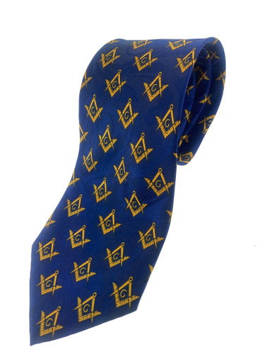 Masonic Neck Tie - Blue and Yellow Polyester long tie with small duplicated Masonic pattern design for Freemason members
