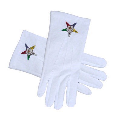 OES Classic Star Face Cotton Gloves - White (One Size Fits Most) - Order of the Eastern Star. Masonic OES Formal Wear Regalia and Accessories.