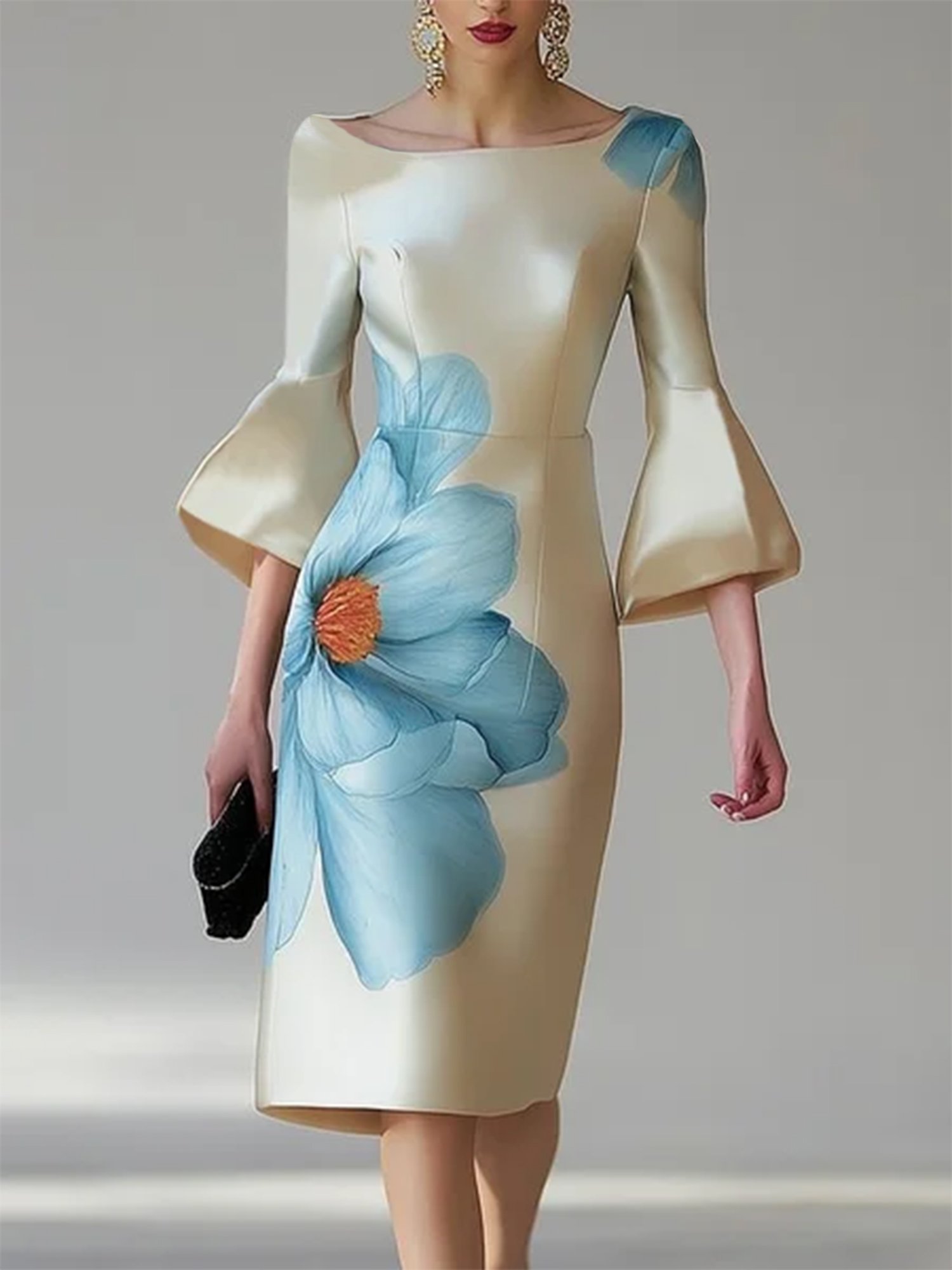 Image of Elegant Floral Bell Sleeve Printing Boat Neck Midi Dress