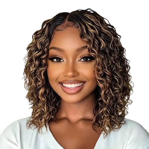 Wear and Go Wigs Brown Highlight Curly Bob Wigs Pre Cut Lace Glueless Human Hair Wigs