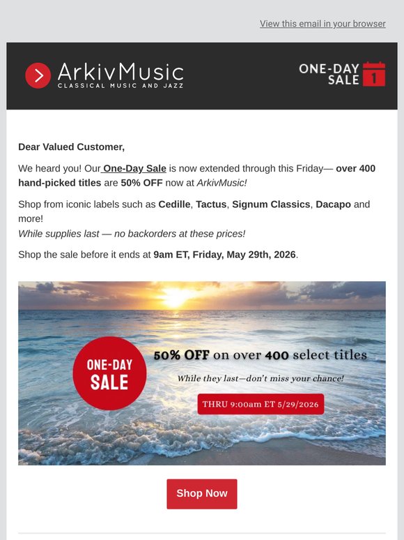 ONE-DAY SALE EXTENDED at ArkivMusic!