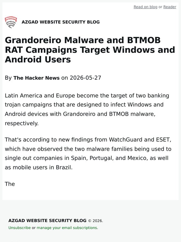 Grandoreiro Malware and BTMOB RAT Campaigns Target Windows and Android Users