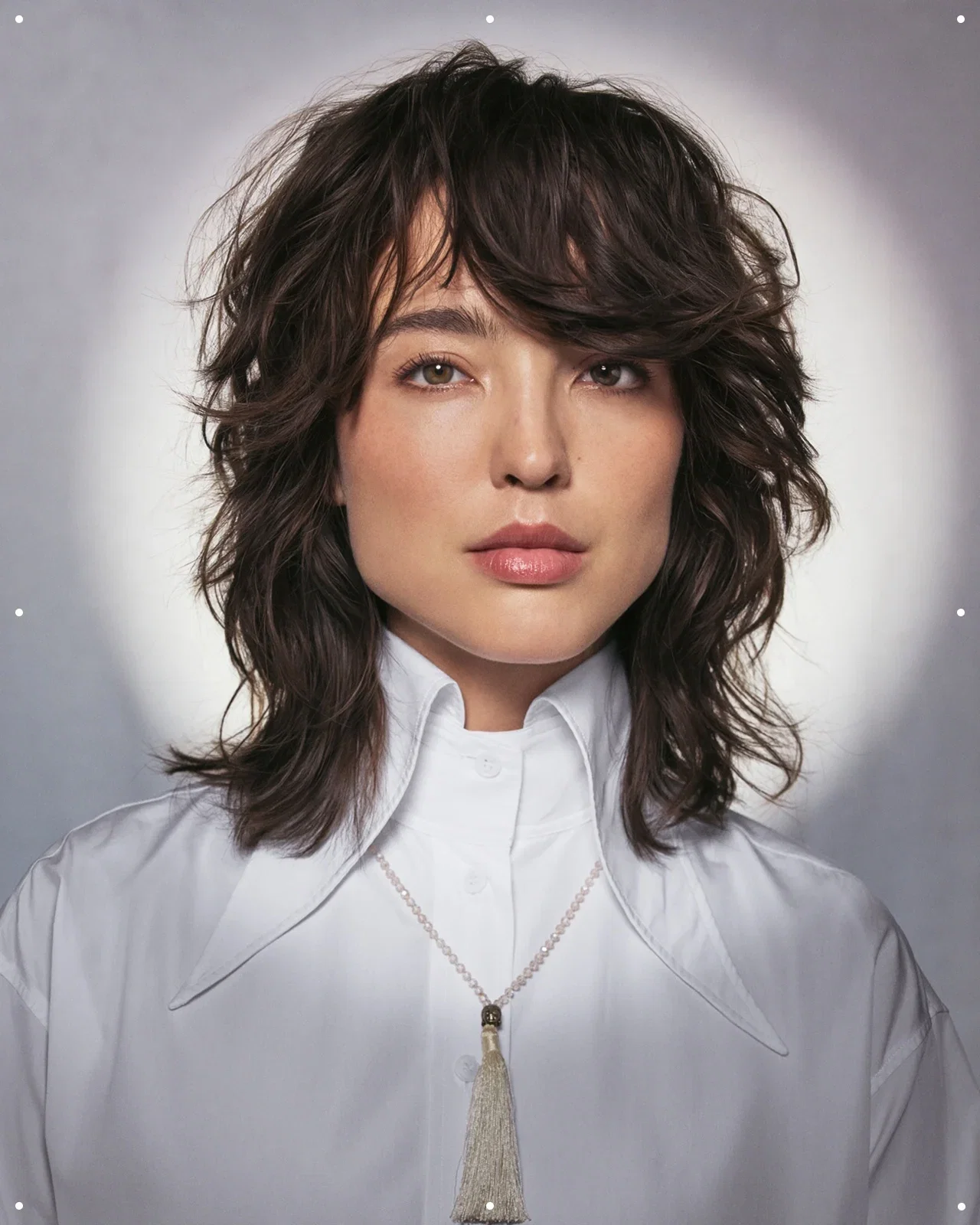 Close-up of a woman with Person with dark tousled hair and white shirt with a tassel necklace, with a light behind her.