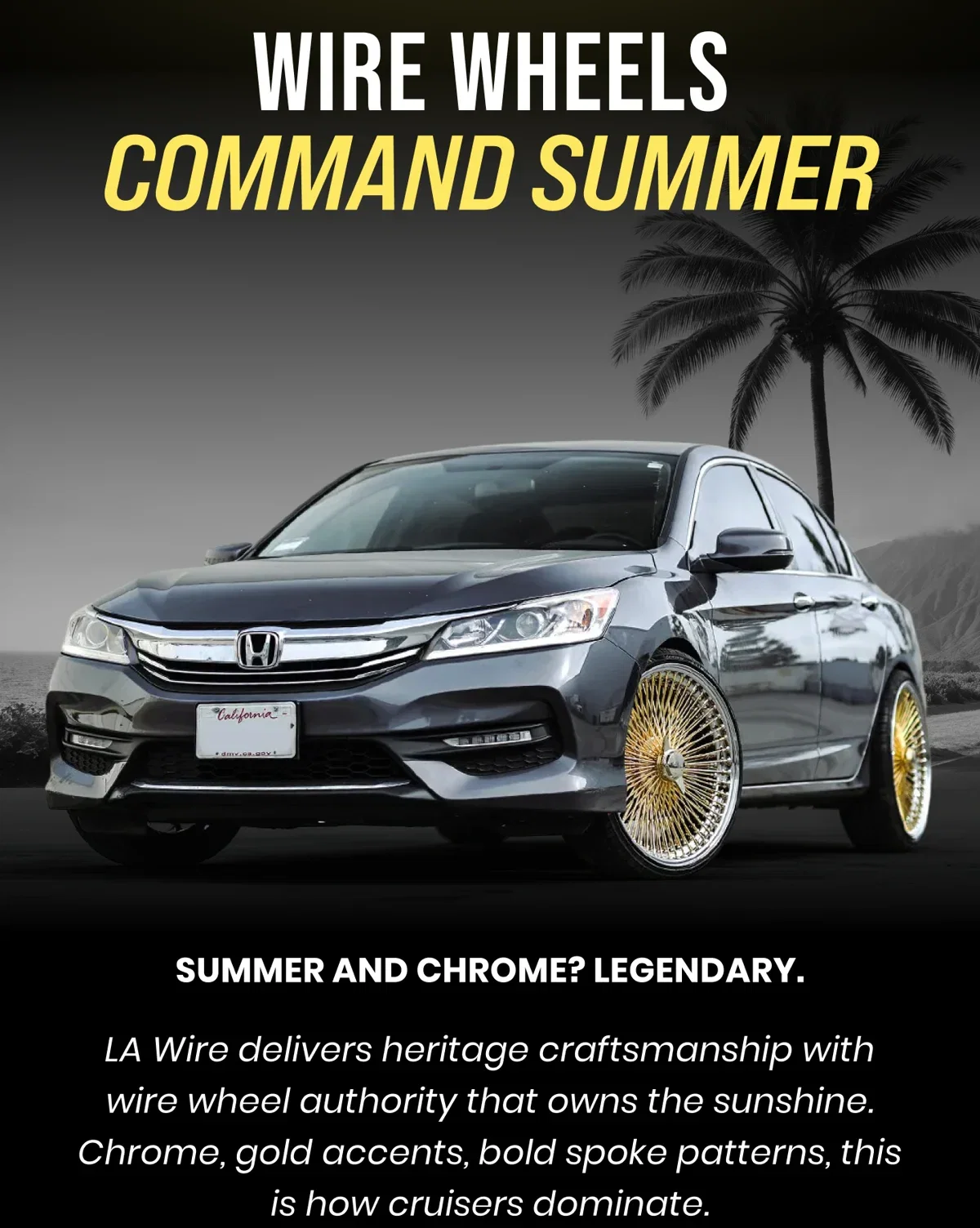 WIRE WHEELS COMMAND SUMMER SUMMER AND CHROME? LEGENDARY. LA Wire delivers heritage craftsmanship with wire wheel authority that owns the sunshine. Chrome, gold accents, bold spoke patterns, this is how cruisers dominate.