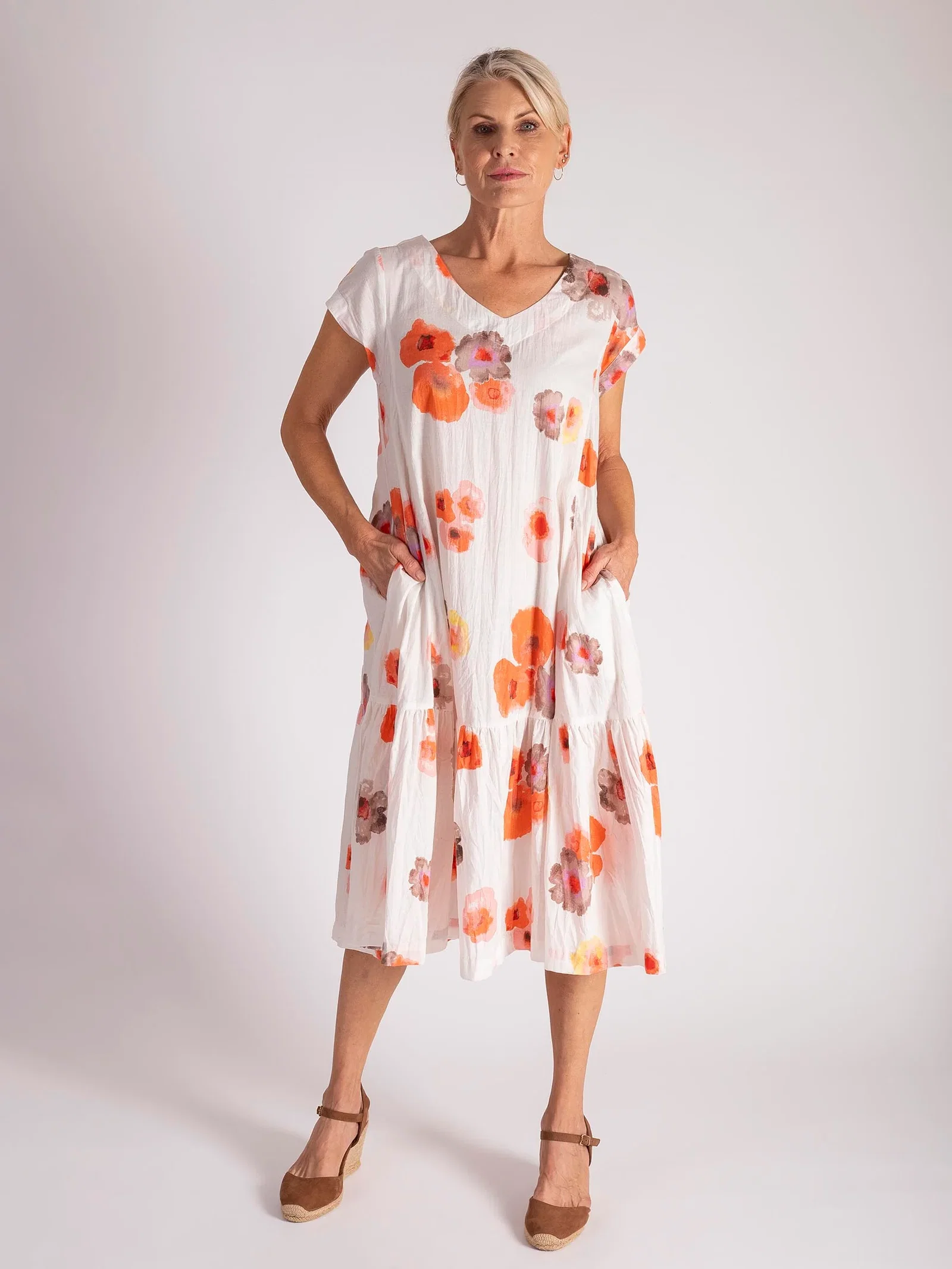 Image of White/Apricot Watercolour Floral Print Cotton Midi Dress