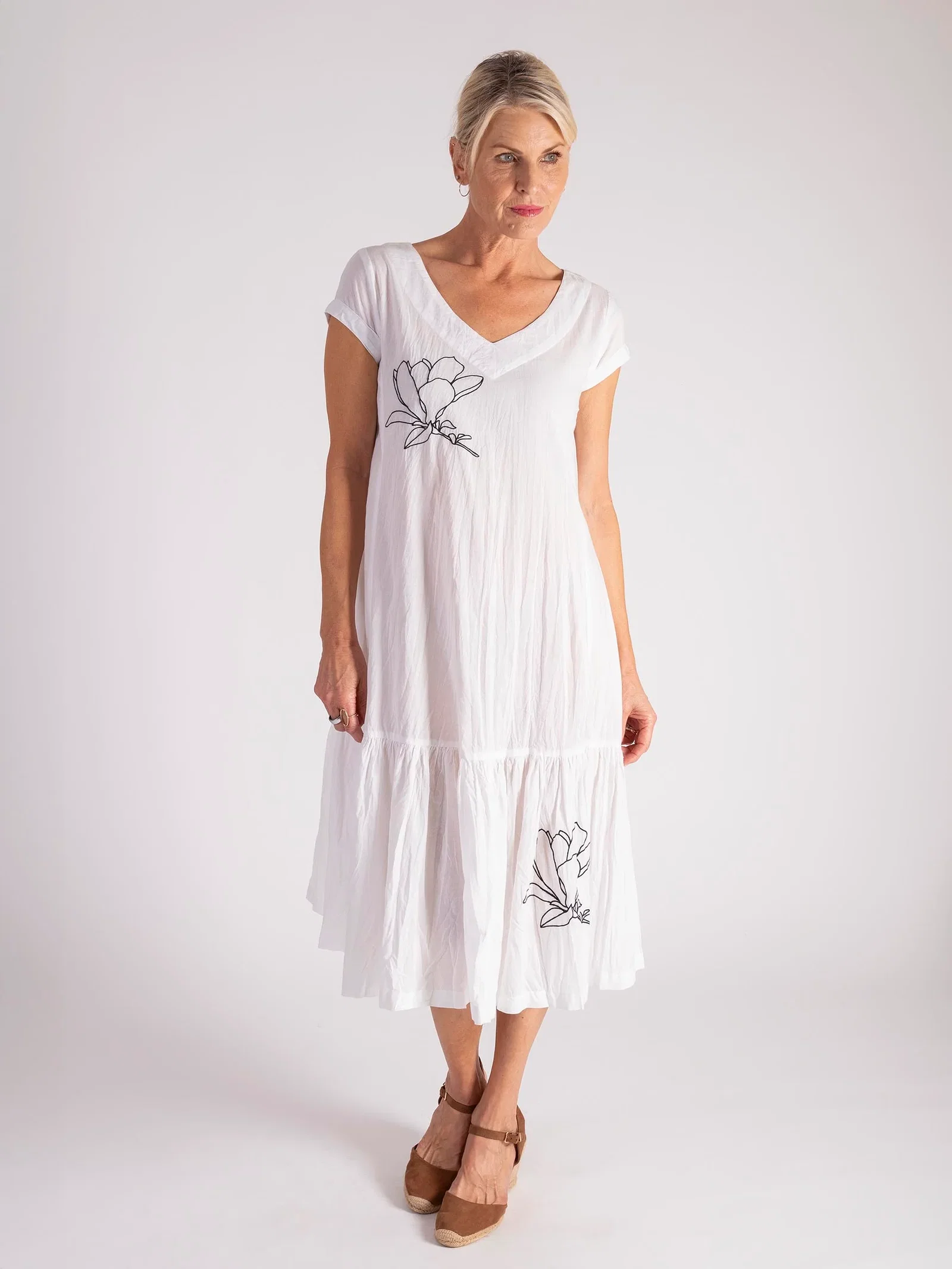 Image of White V-Neck Cotton Midi Dress with Embroidered Flower Detail