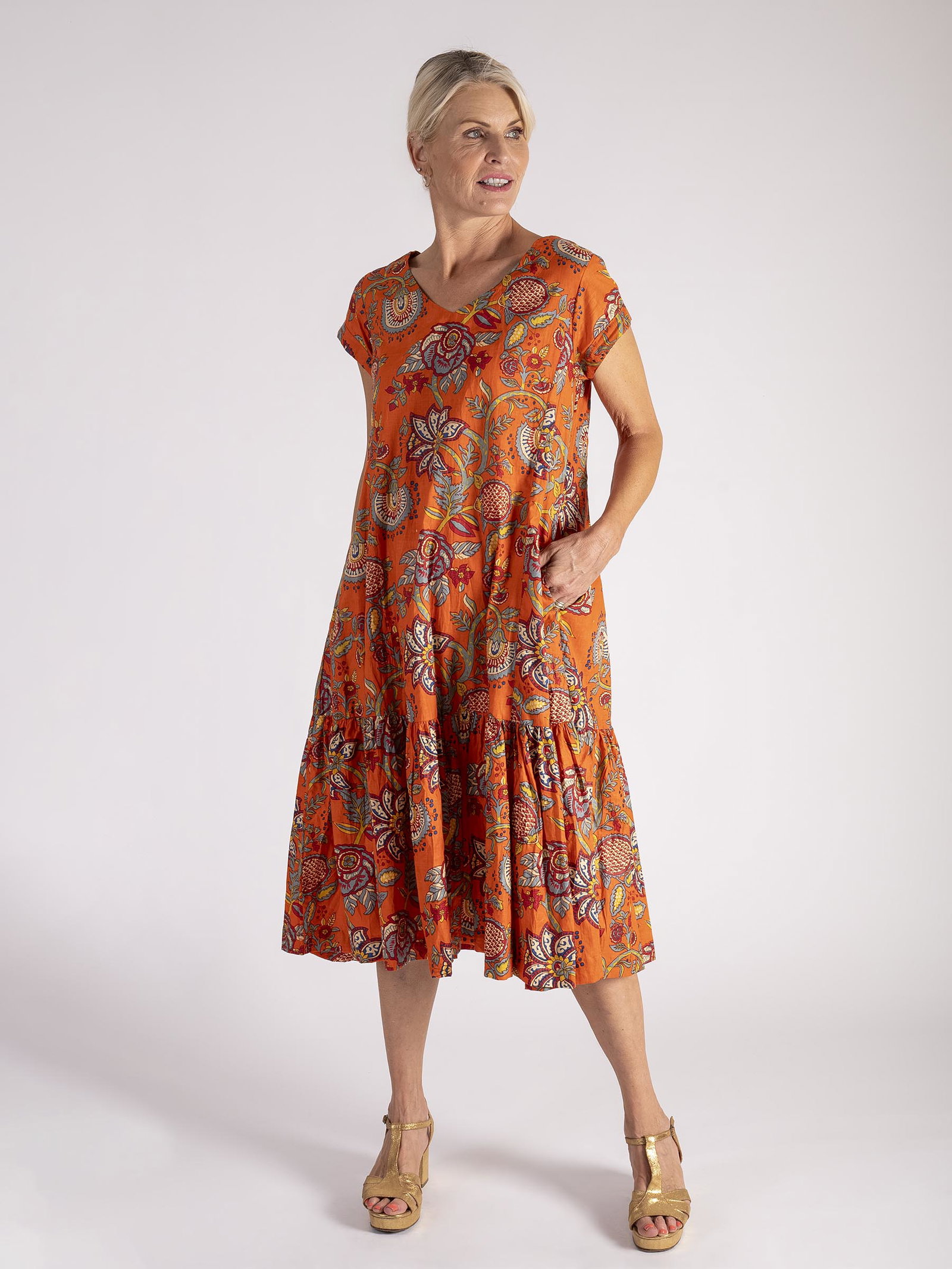Image of Burnt Orange/Multi Exotic Paisley Print Crinkle Cotton Midi Dress