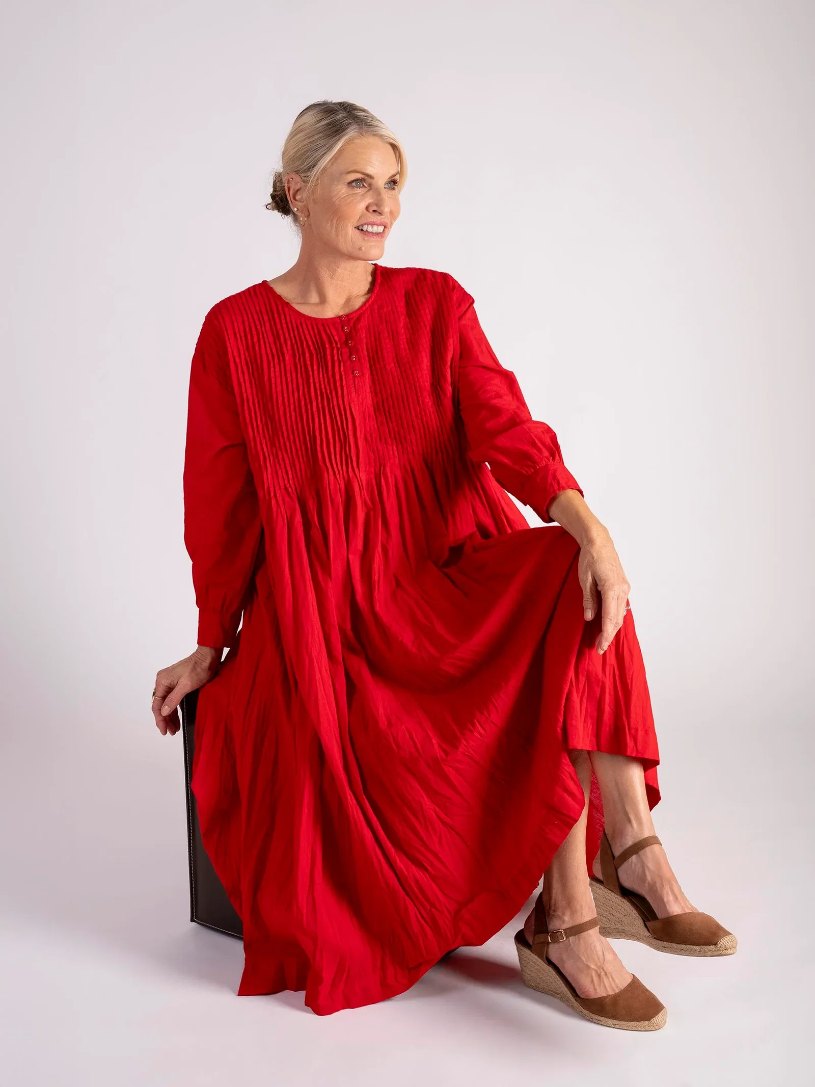 Image of Ruby Pleated Cotton Midi Dress