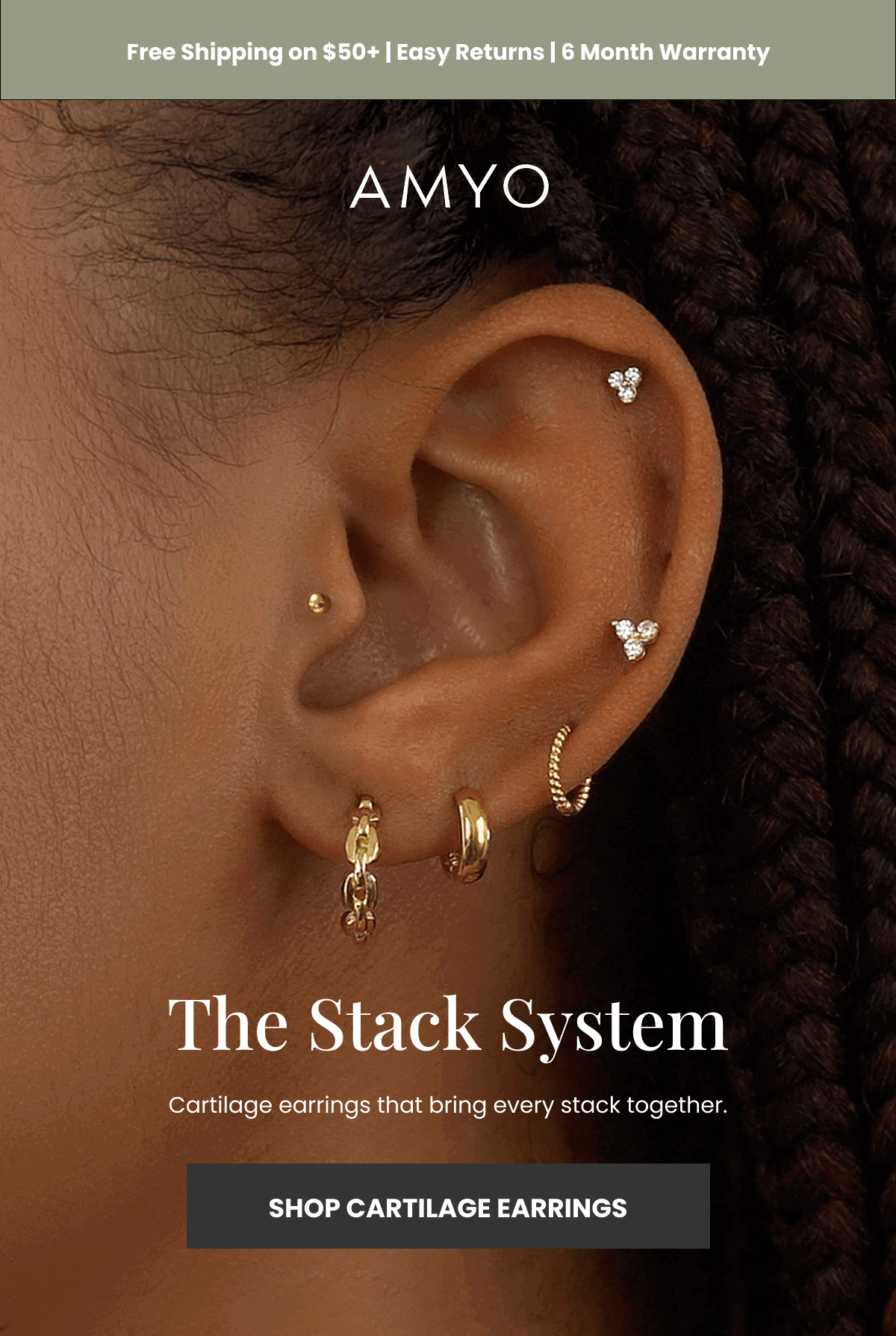 The Stack System Cartilage earrings that bring every stack together. (SHOP CARTILAGE EARRINGS)