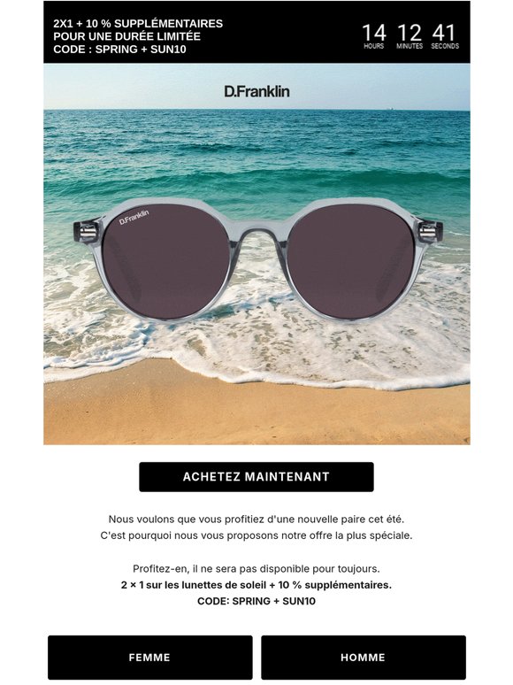 🕶️ 2X1 sur les lunettes de soleil + 10 % supplémentaires