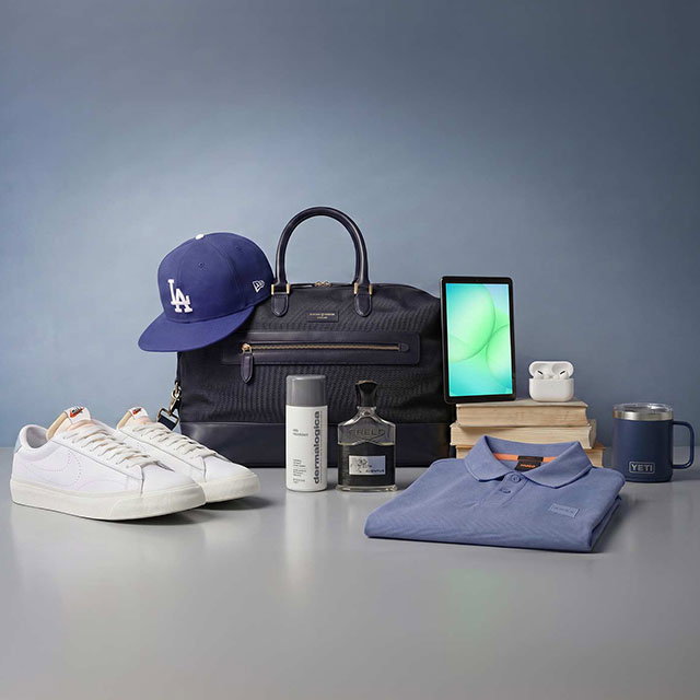A stylish set of men's accessories including a bag, sneakers, cap, polo shirt, tablet, grooming products, and a mug.