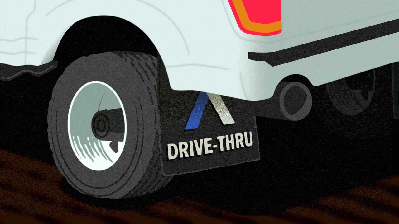 Animated illustration of a close up of a driving pickup truck's rear tire, which has a mud flap with the Axios logo and the words 