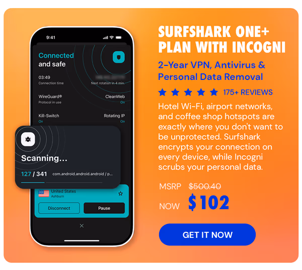 Surfshark One+ Plan with Incogni: 2-Year VPN, Antivirus & Personal Data Removal