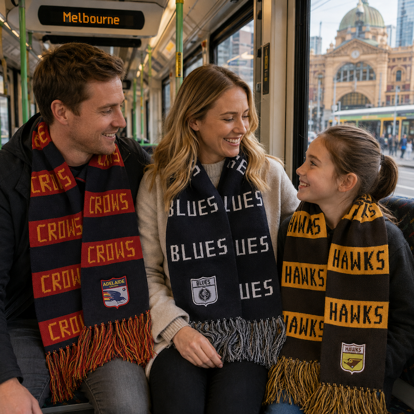 A family wearing AFL Bar Scarves on a tram on their way to an AFL game