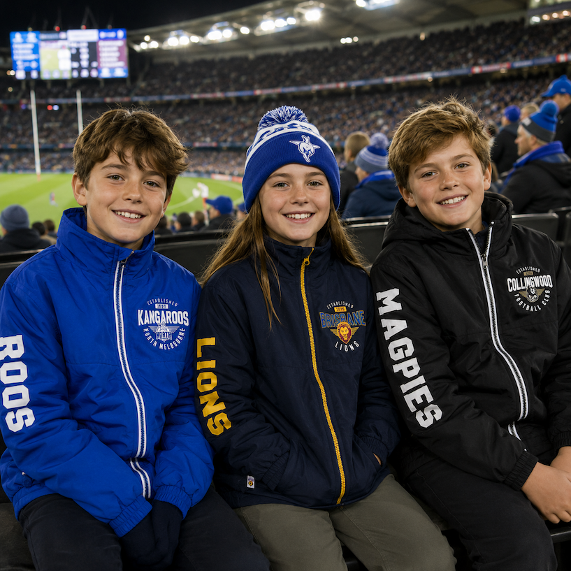 Three Kids at an AFL game wearing Youths Hoodless Supporter Jakcets
