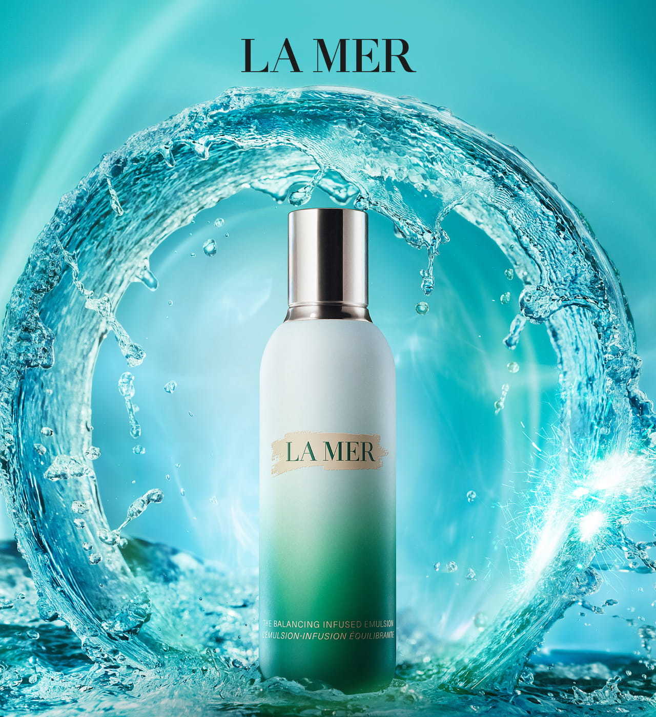 Bottle of The New Balancing Infused Emulsion, surrounded by a splash of water.