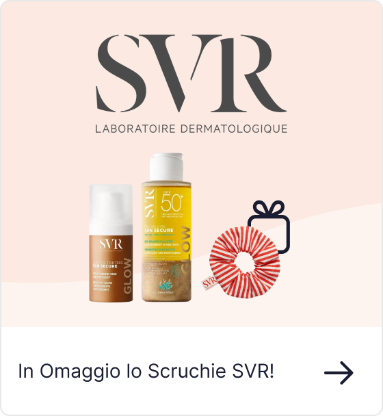 SVR logo above two sun-care bottles (SPF 50+ bottle and Glow pump) with red-striped gift scrunchie