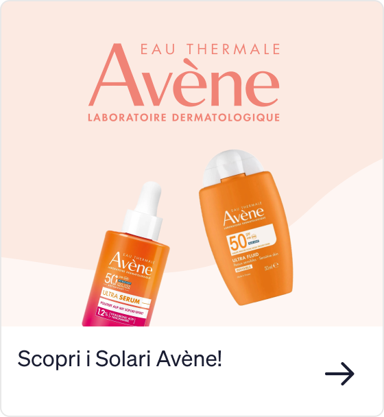 Avène logo with two orange SPF 50+ sun care products (Ultra Serum and Ultra Fluid) on a pale background