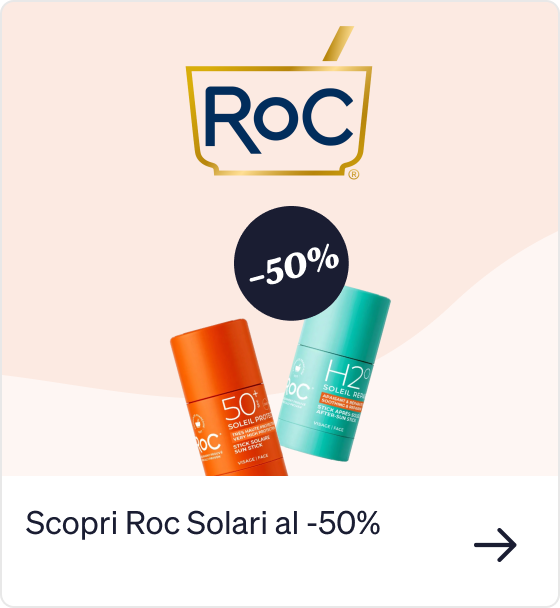 ROC logo above two face sun-protection sticks (orange and teal) with a -50% discount badge — promotional offer