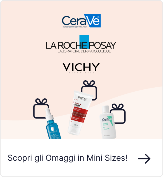 Logos of CeraVe, La Roche‑Posay and Vichy above mini product samples and gift icons promoting free mini-size skincare gifts