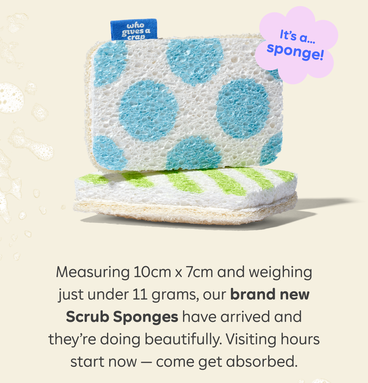 It's a...Sponge! Measuring 10cm x 7cm and weighing just under 11 grams, our brand new Scrub Sponges have arrived and they’re doing beautifully. Visiting hours start now — come get absorbed.