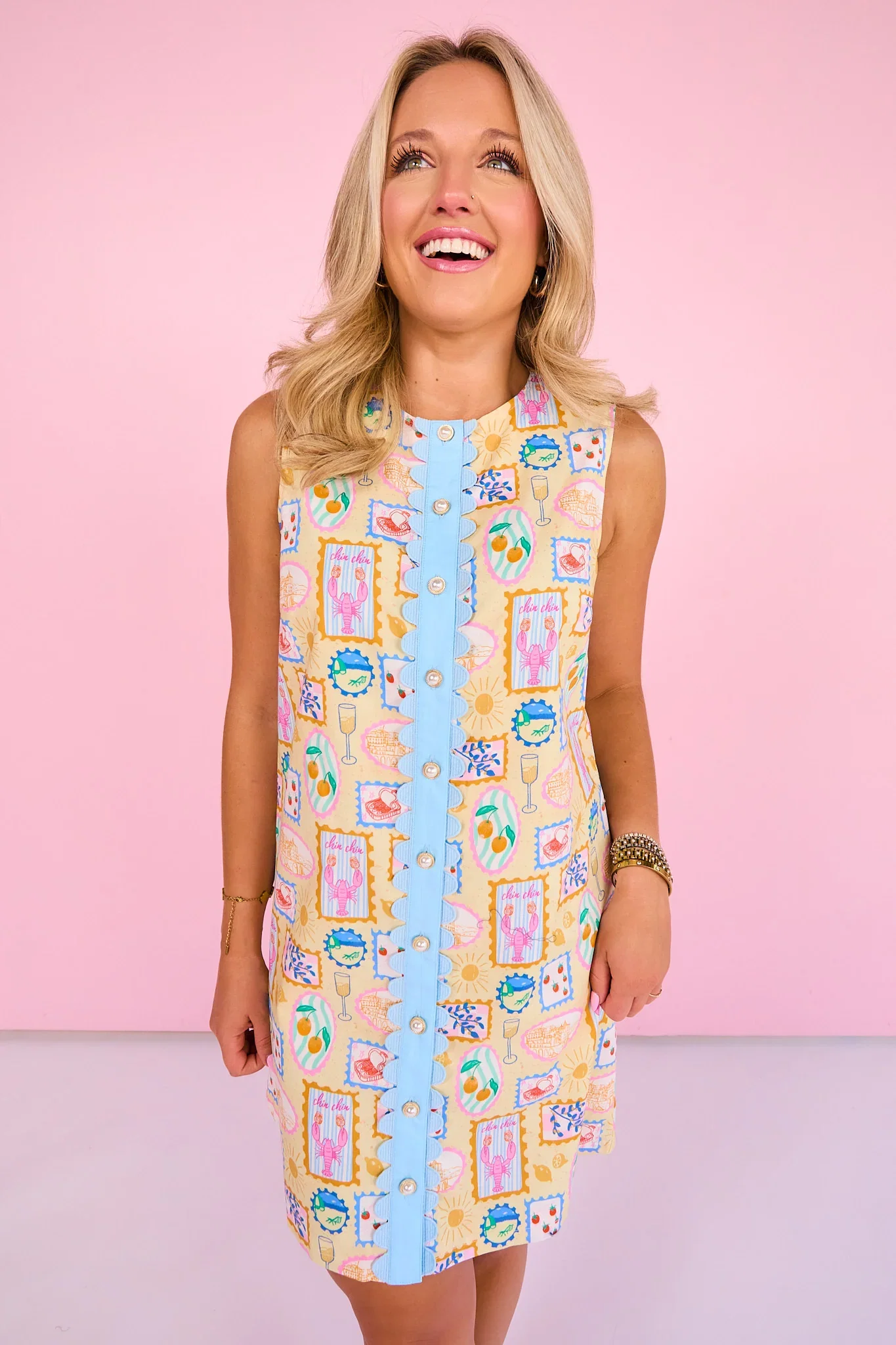 Image of SSYS Sleeveless Everly Scallop Trim Dress In Capri Postcard *FINAL SALE*