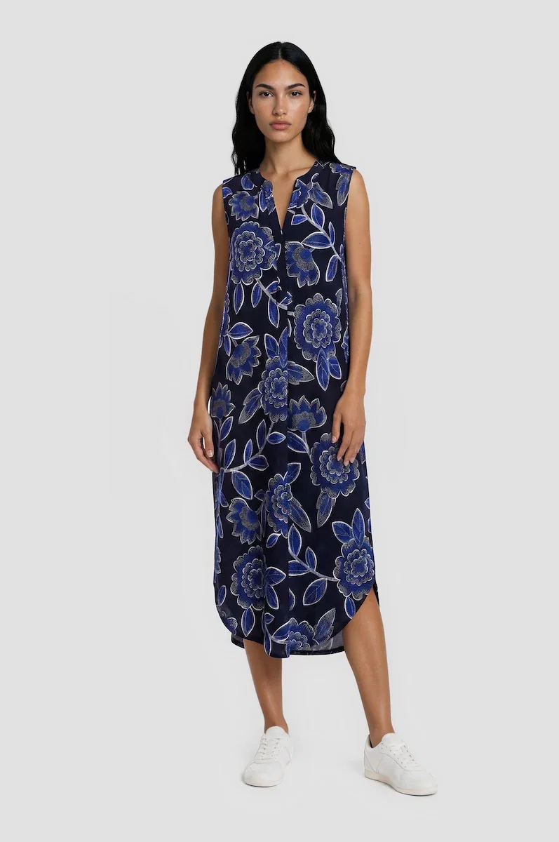 Image of Long Printed Tunic Dress - Navy