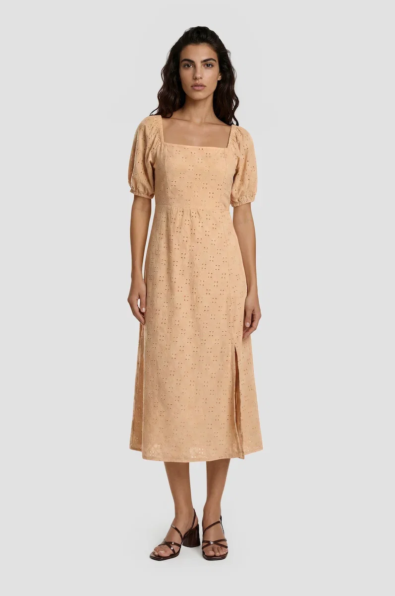 Image of Puff Sleeve Smock Midi Dress - Peach