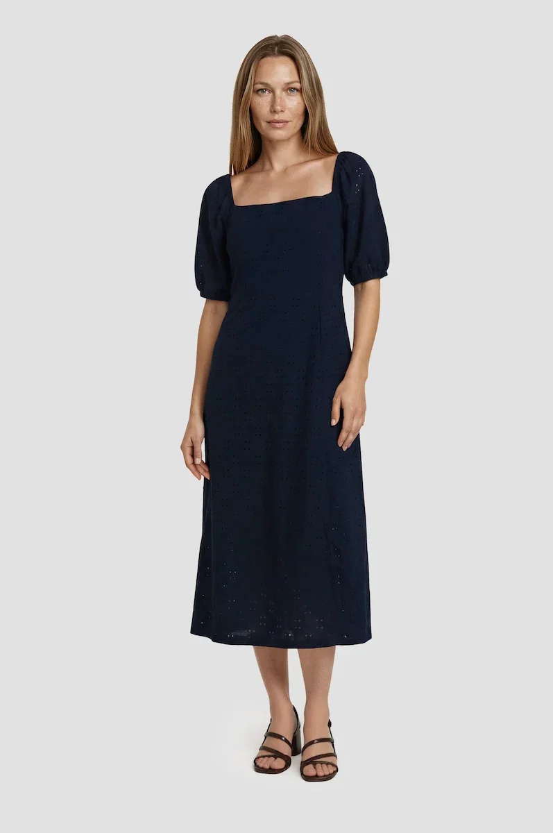 Image of Puff Sleeve Smock Midi Dress - Navy