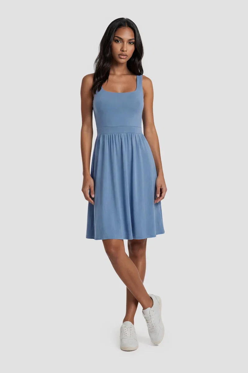 Image of Scoop Neck Short Day Dress - Blue
