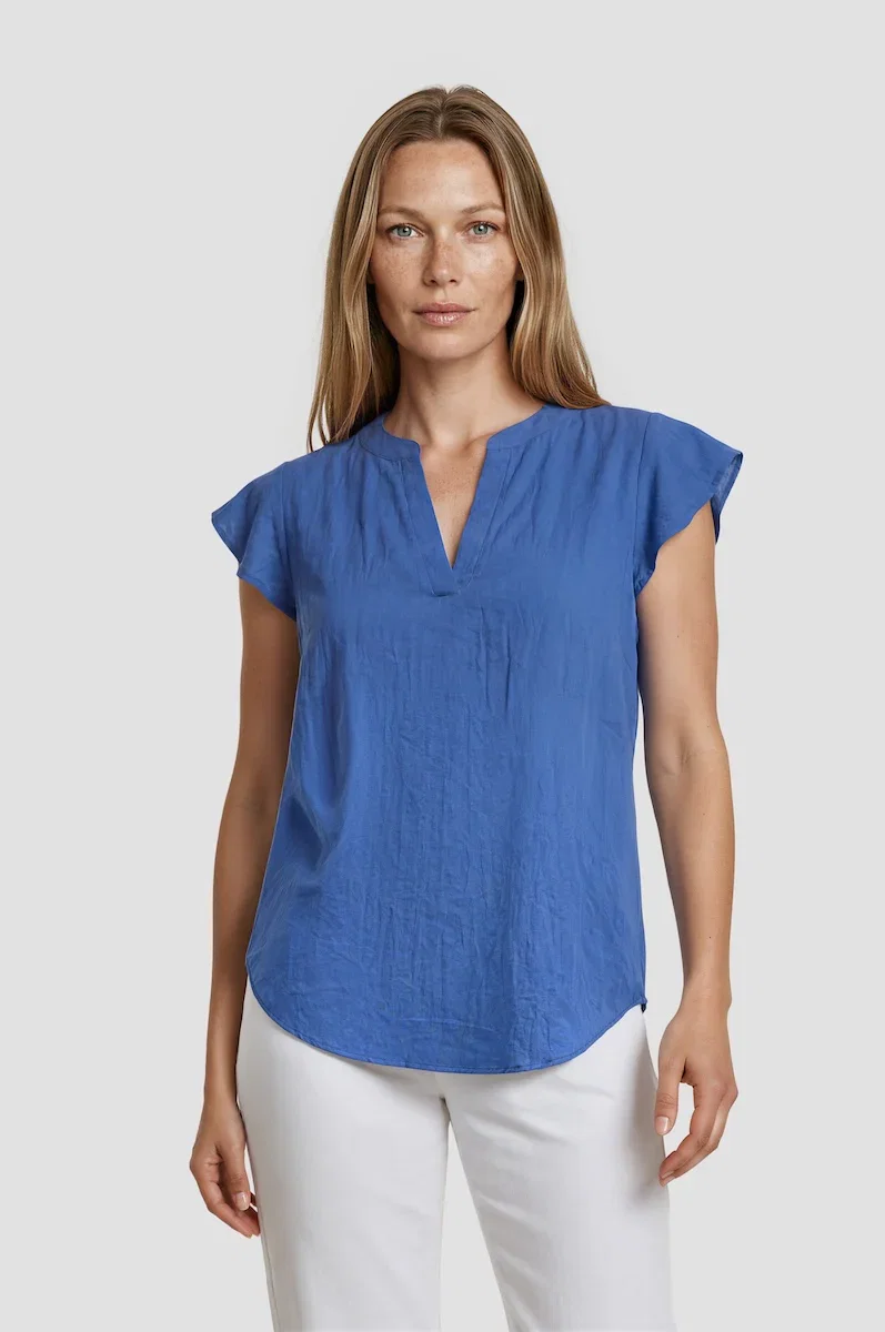 Image of Cap Sleeve V Neck Shirt - Blue