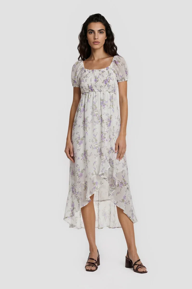 Image of Puff Sleeve Printed Chiffon Dress - Lavender