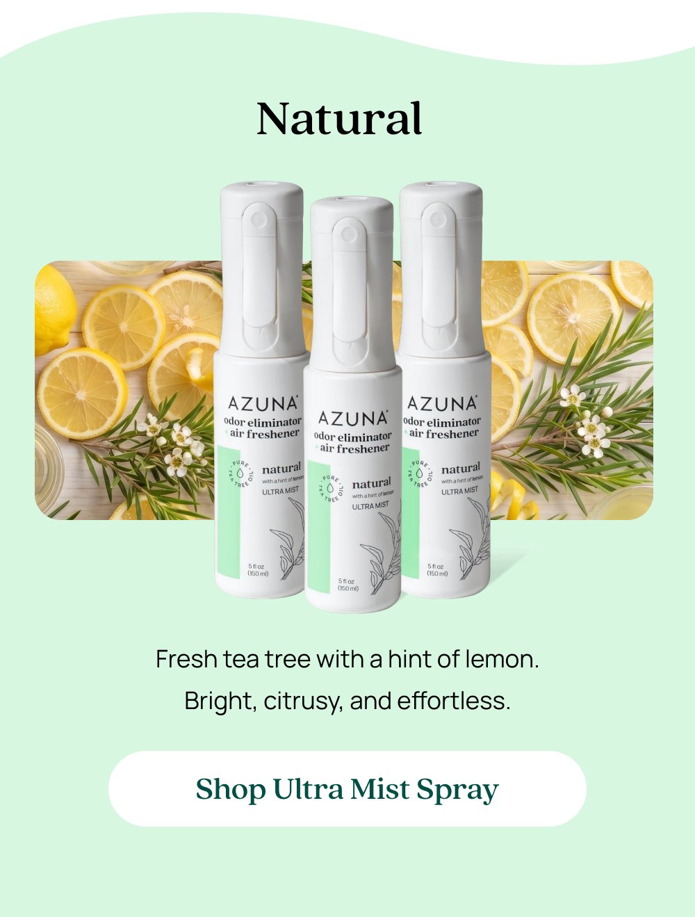Natural Fresh tea tree with a hint of lemon. Bright, citrusy, and effortless. Shop Ultra Mist Spray