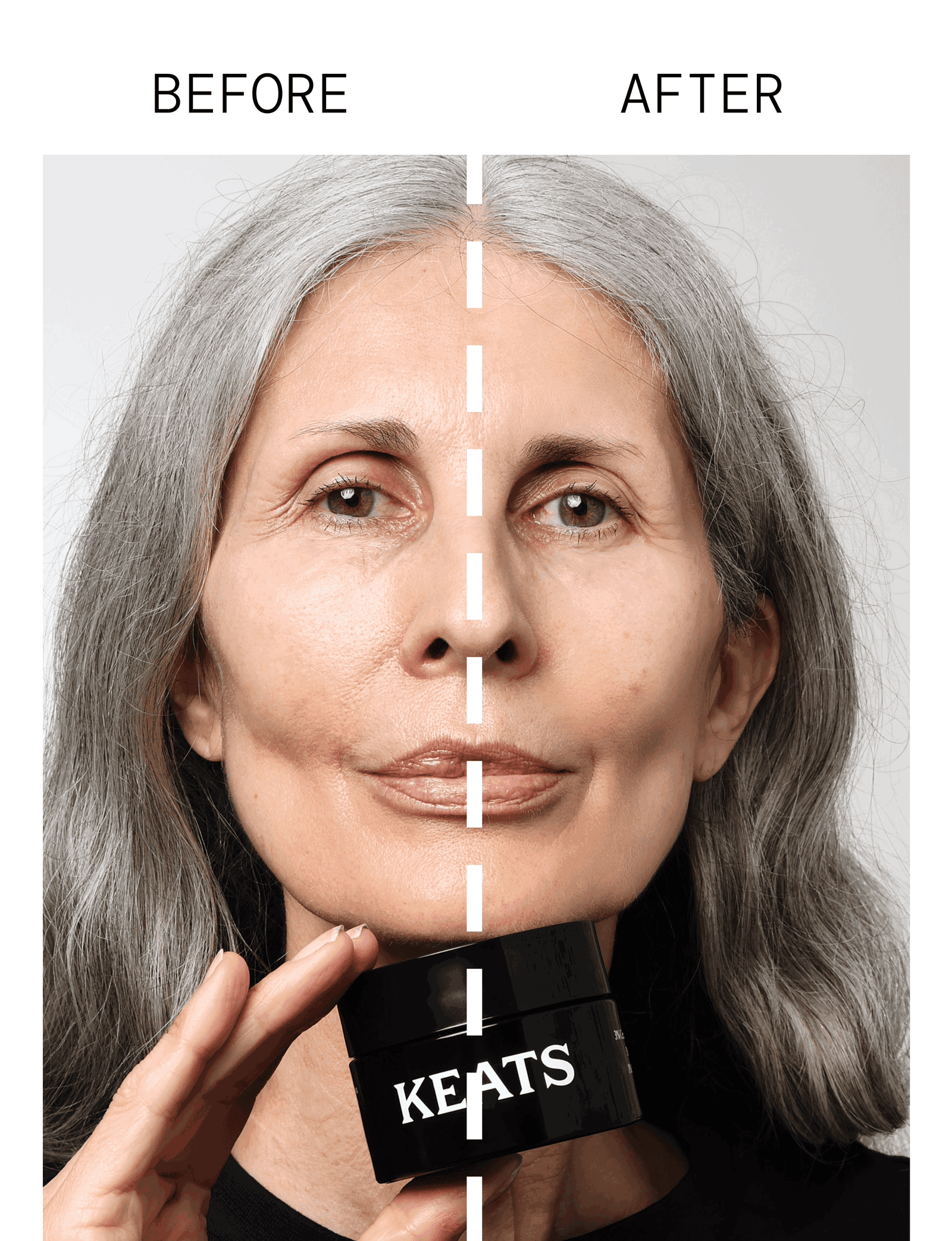 A side-by-side comparison: the same model with DCYPHER Drops applied without (left) and with (right) The KEATS Moisturising Cream as a base.