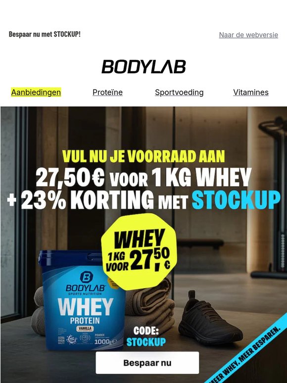23% korting op BODYLAB producten + 1 kg Whey voor €27,50!