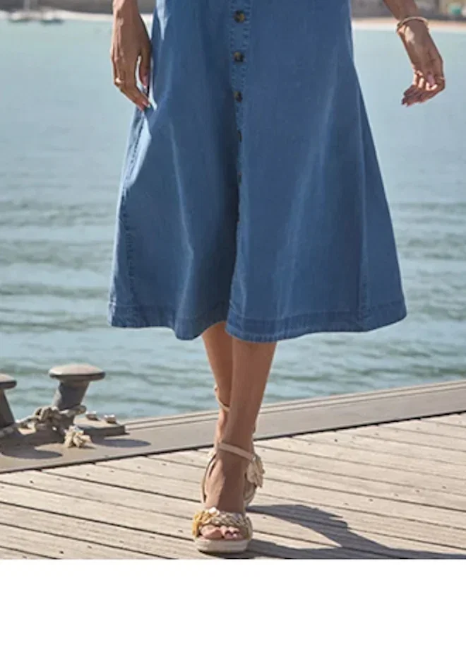 Mid Blue Soft Denim Button Front Dress