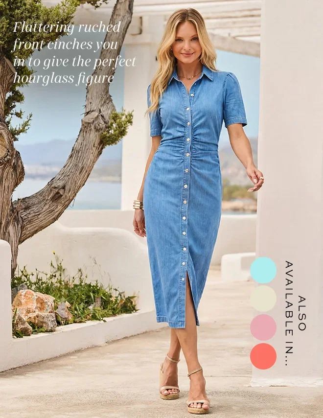 Mid Blue Ruched Waist Popper Front Denim Dress