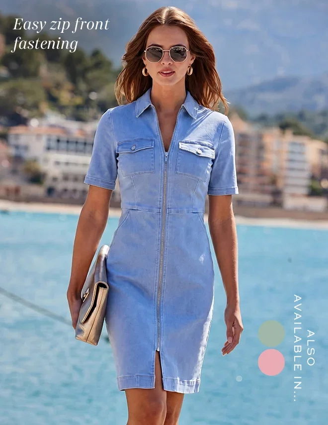 Light Wash Short Sleeve Zip Front Denim Dress With Pockets